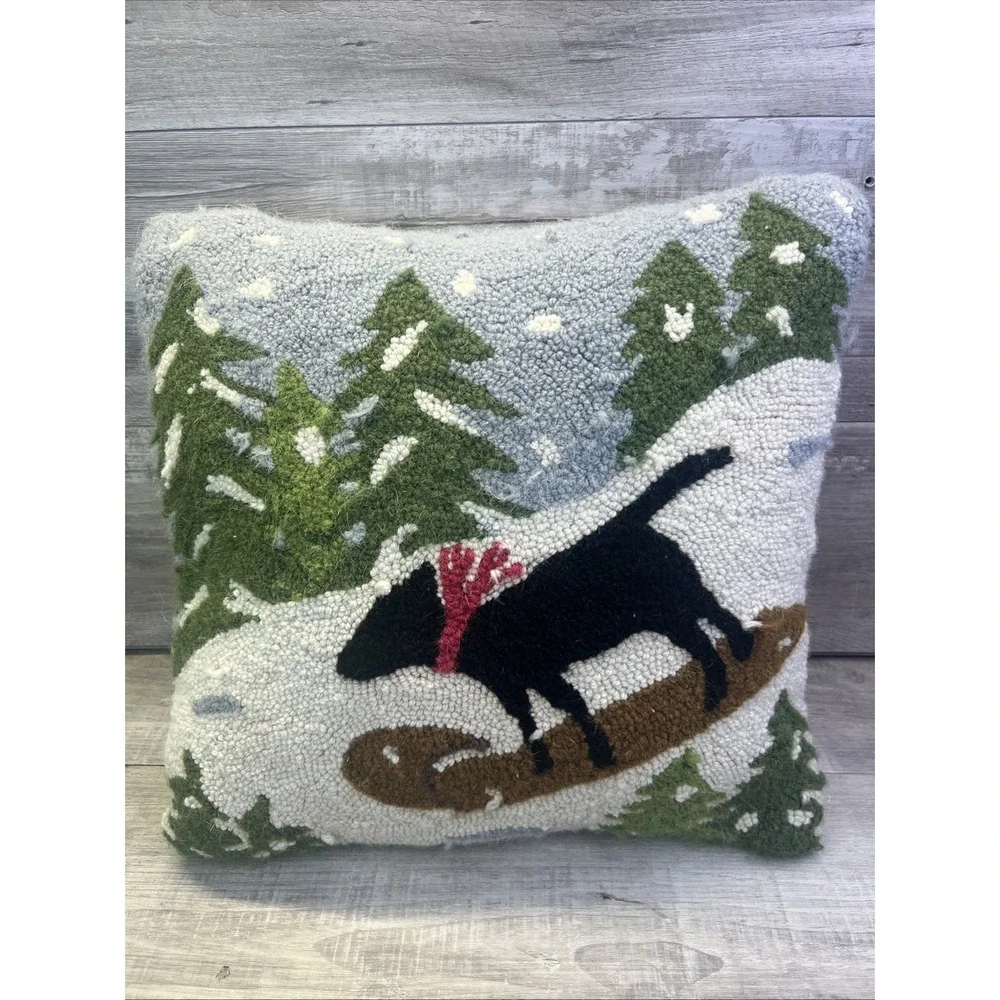 Hand Hooked Wool Winter Dog Throw Pillow Black Lab on Sled Vintage